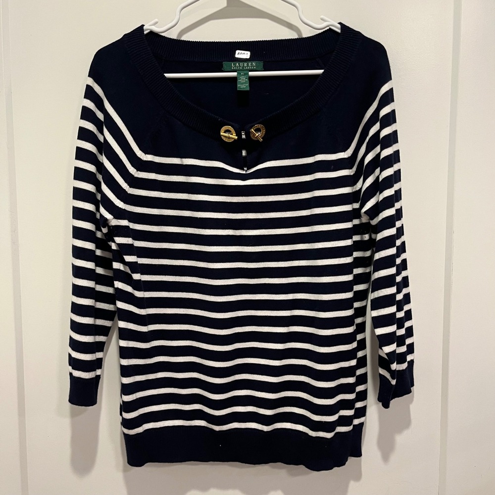Lauren Ralph Lauren Navy White Striped Cotton Sweater Gold Button Detail XL